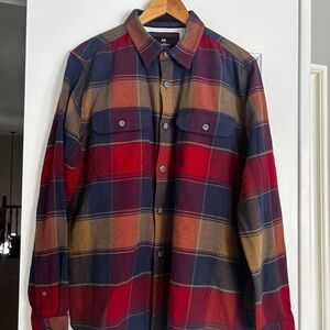 Men's Plaid Flannel Shirt - Red, Blue, and Brown Size Lg